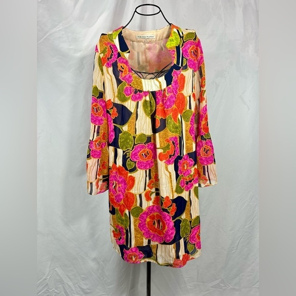 Trina Turk colorful floral 100% silk bell sleeve shift mini dress size 6 - Picture 1 of 9